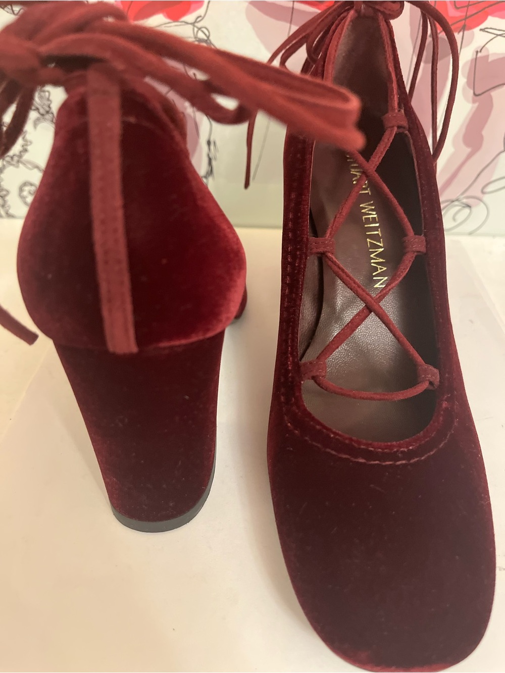 Stuart Weitzman Burgundy Velvet Lace-Up Ballet Block Heel Pumps NWOB - Size 5M